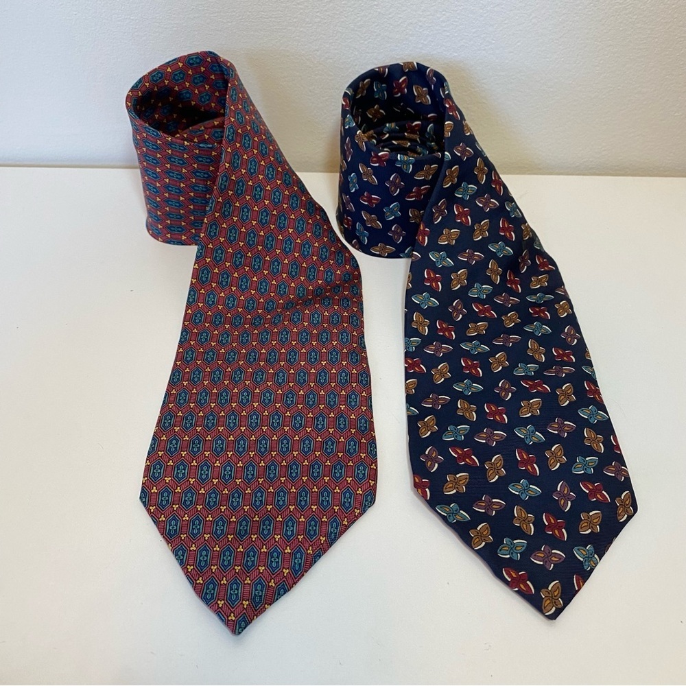 Christian Dior | Two Vintage Printed Silk Neckties Geometric Rosette Red Navy